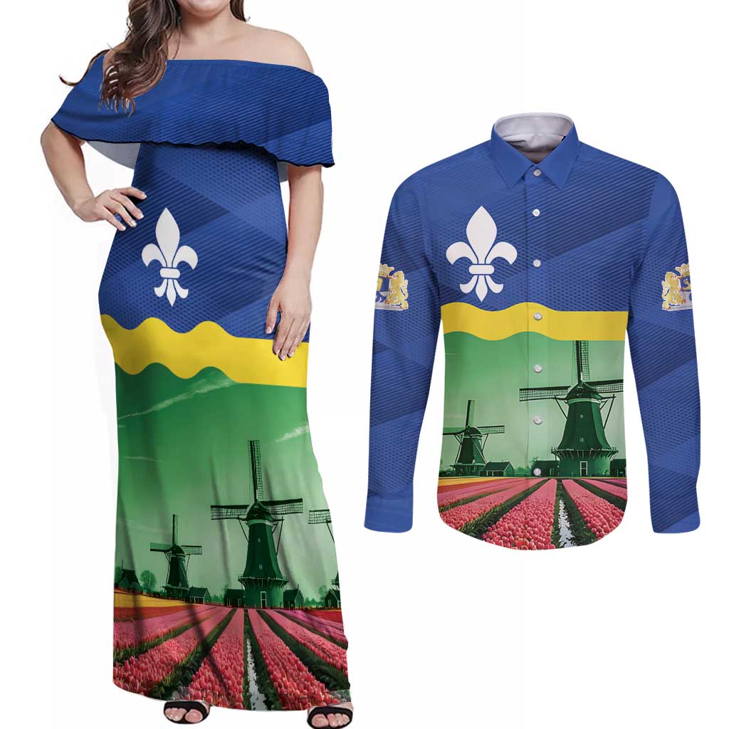 Netherlands Flevoland Province Couples Matching Off Shoulder Maxi Dress and Long Sleeve Button Shirt Flag Style