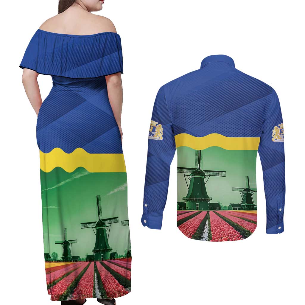 Netherlands Flevoland Province Couples Matching Off Shoulder Maxi Dress and Long Sleeve Button Shirt Flag Style