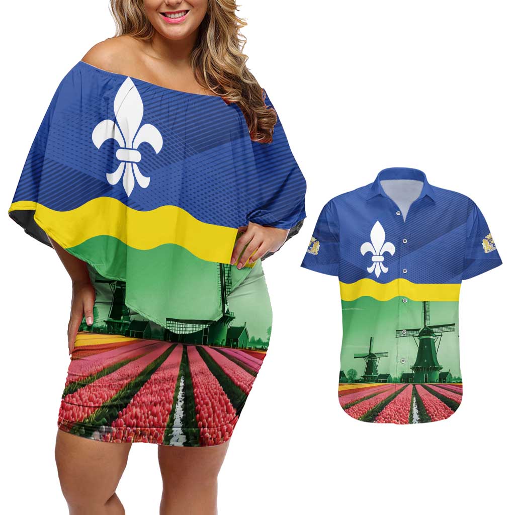 Netherlands Flevoland Province Couples Matching Off Shoulder Short Dress and Hawaiian Shirt Flag Style