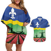 Netherlands Flevoland Province Couples Matching Off Shoulder Short Dress and Hawaiian Shirt Flag Style