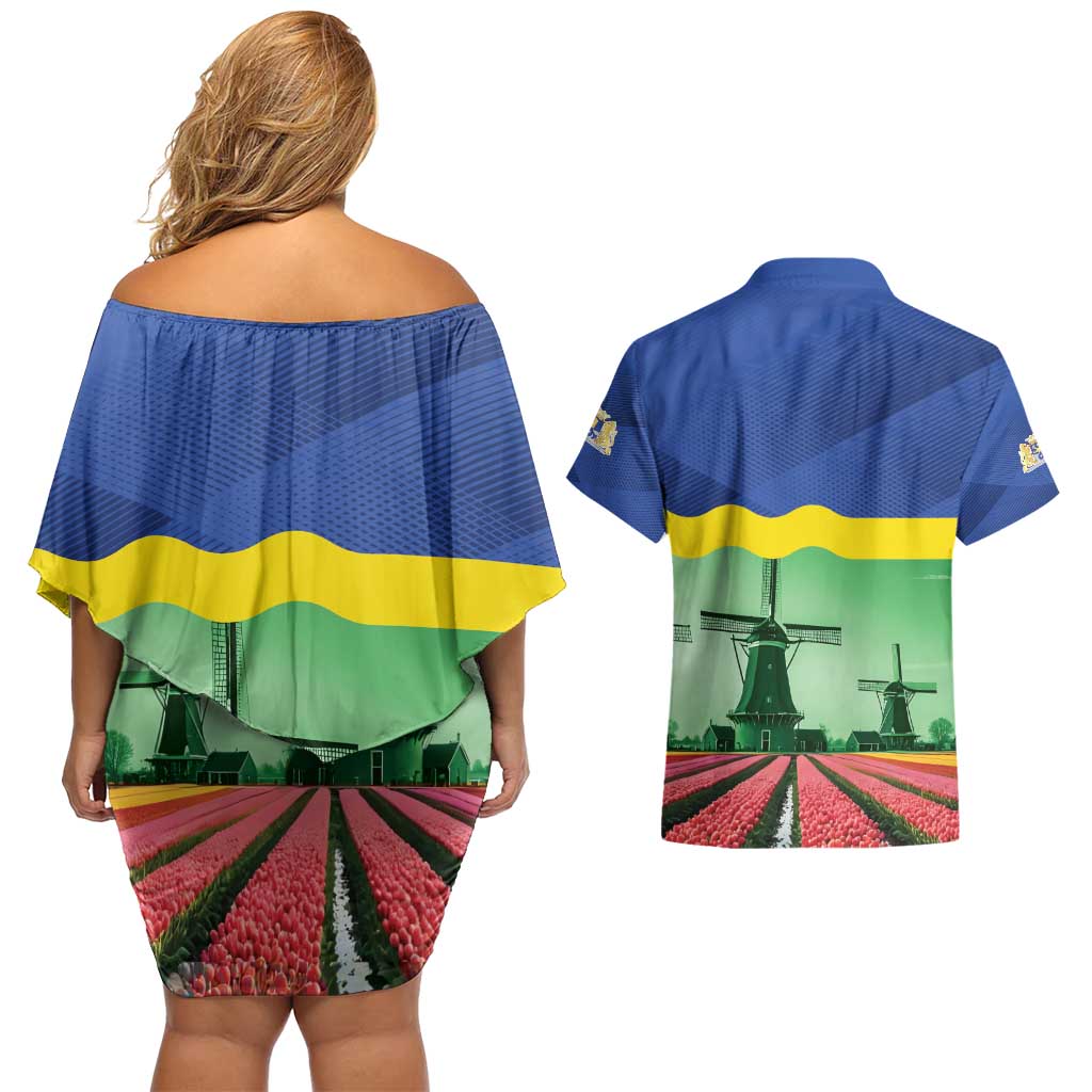 Netherlands Flevoland Province Couples Matching Off Shoulder Short Dress and Hawaiian Shirt Flag Style