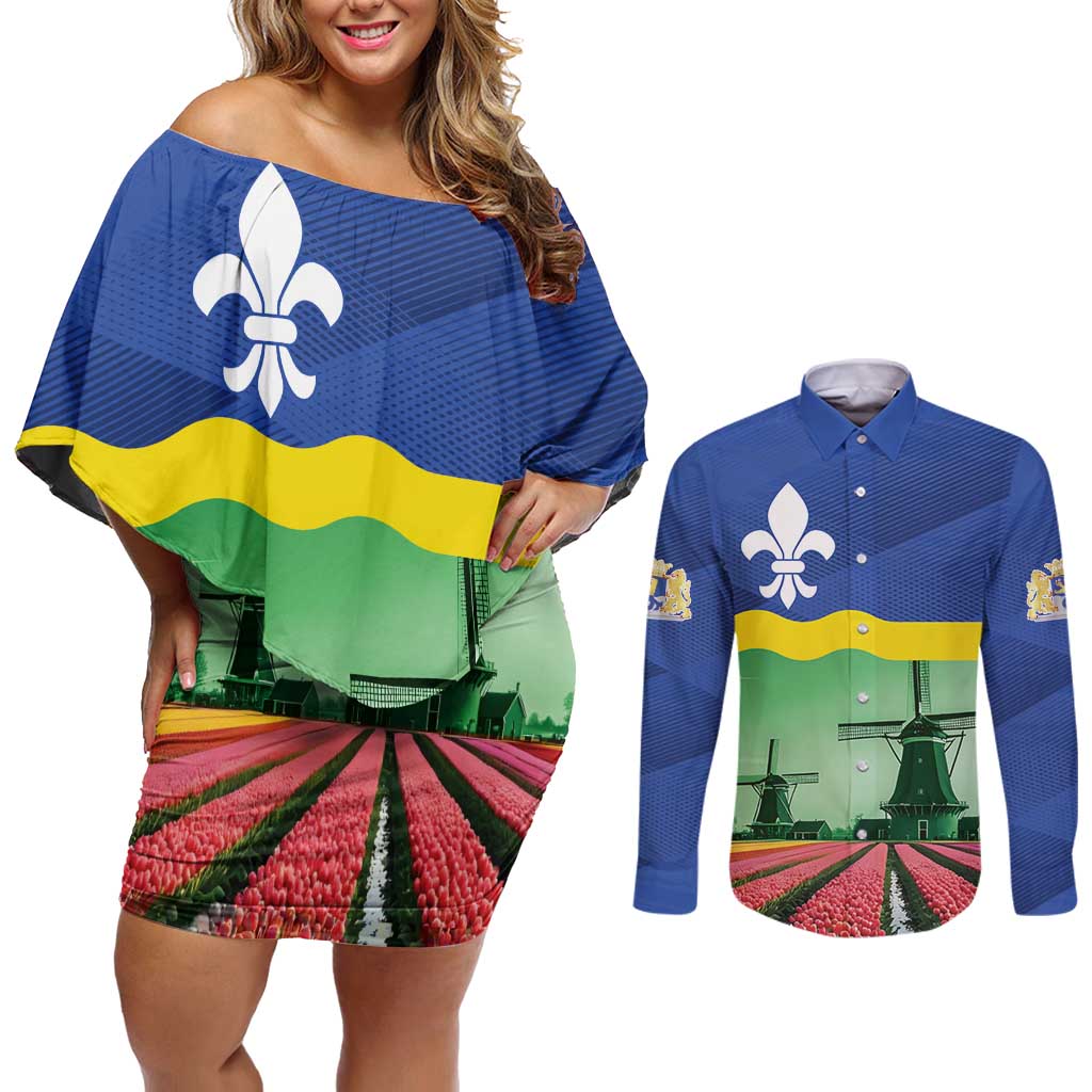 Netherlands Flevoland Province Couples Matching Off Shoulder Short Dress and Long Sleeve Button Shirt Flag Style