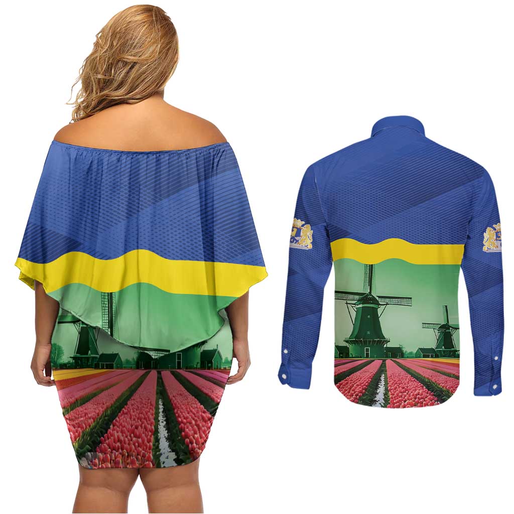 Netherlands Flevoland Province Couples Matching Off Shoulder Short Dress and Long Sleeve Button Shirt Flag Style