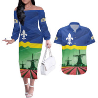 Netherlands Flevoland Province Couples Matching Off The Shoulder Long Sleeve Dress and Hawaiian Shirt Flag Style