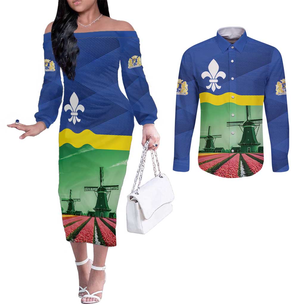 Netherlands Flevoland Province Couples Matching Off The Shoulder Long Sleeve Dress and Long Sleeve Button Shirt Flag Style