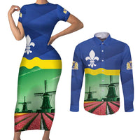 Netherlands Flevoland Province Couples Matching Short Sleeve Bodycon Dress and Long Sleeve Button Shirt Flag Style