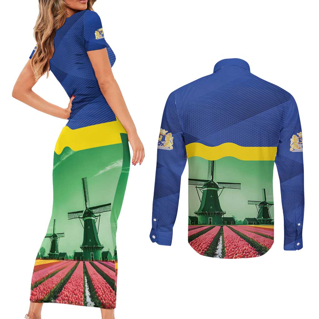 Netherlands Flevoland Province Couples Matching Short Sleeve Bodycon Dress and Long Sleeve Button Shirt Flag Style