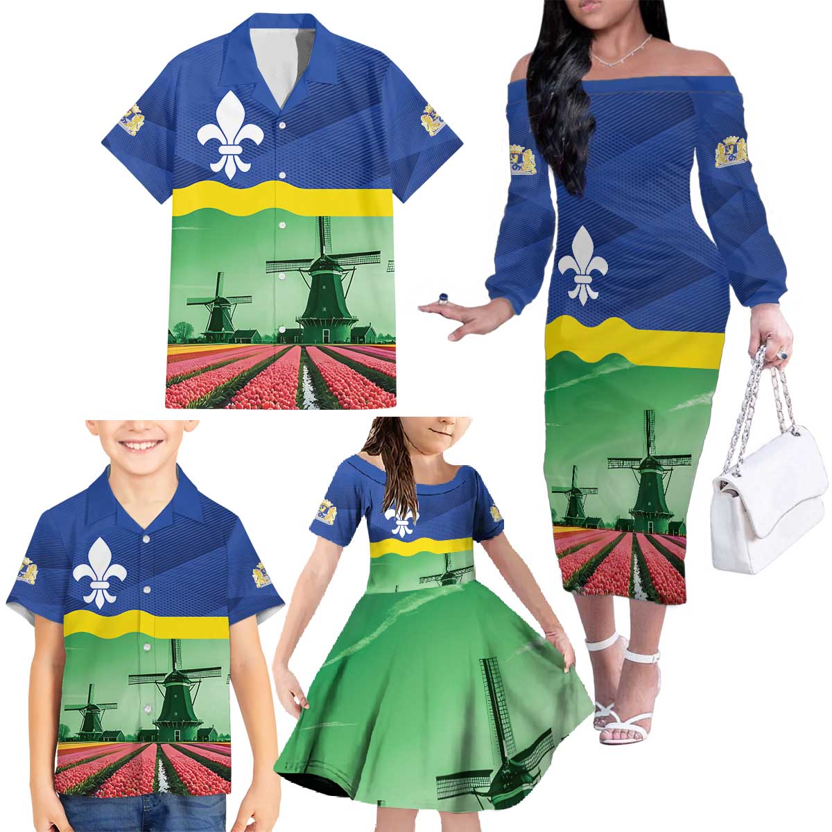 Netherlands Flevoland Province Family Matching Off The Shoulder Long Sleeve Dress and Hawaiian Shirt Flag Style