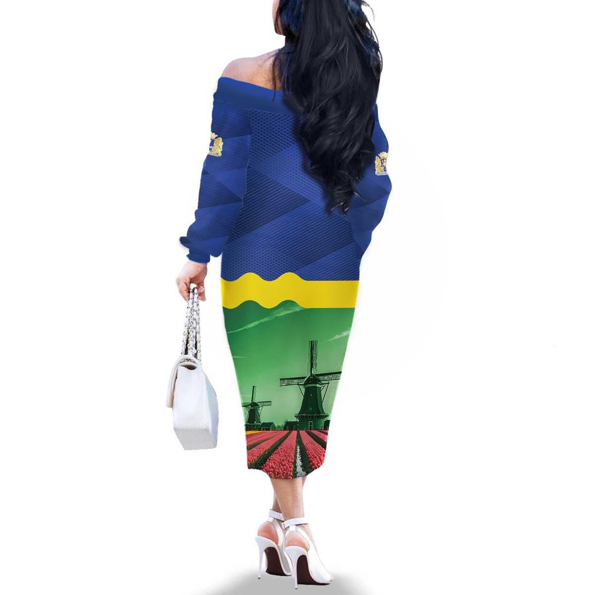 Netherlands Flevoland Province Family Matching Off The Shoulder Long Sleeve Dress and Hawaiian Shirt Flag Style