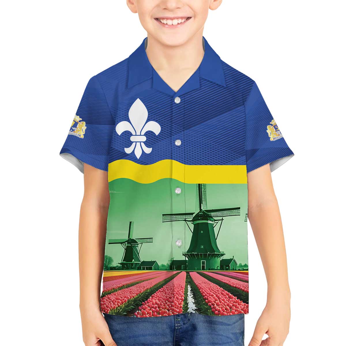 Netherlands Flevoland Province Family Matching Off The Shoulder Long Sleeve Dress and Hawaiian Shirt Flag Style