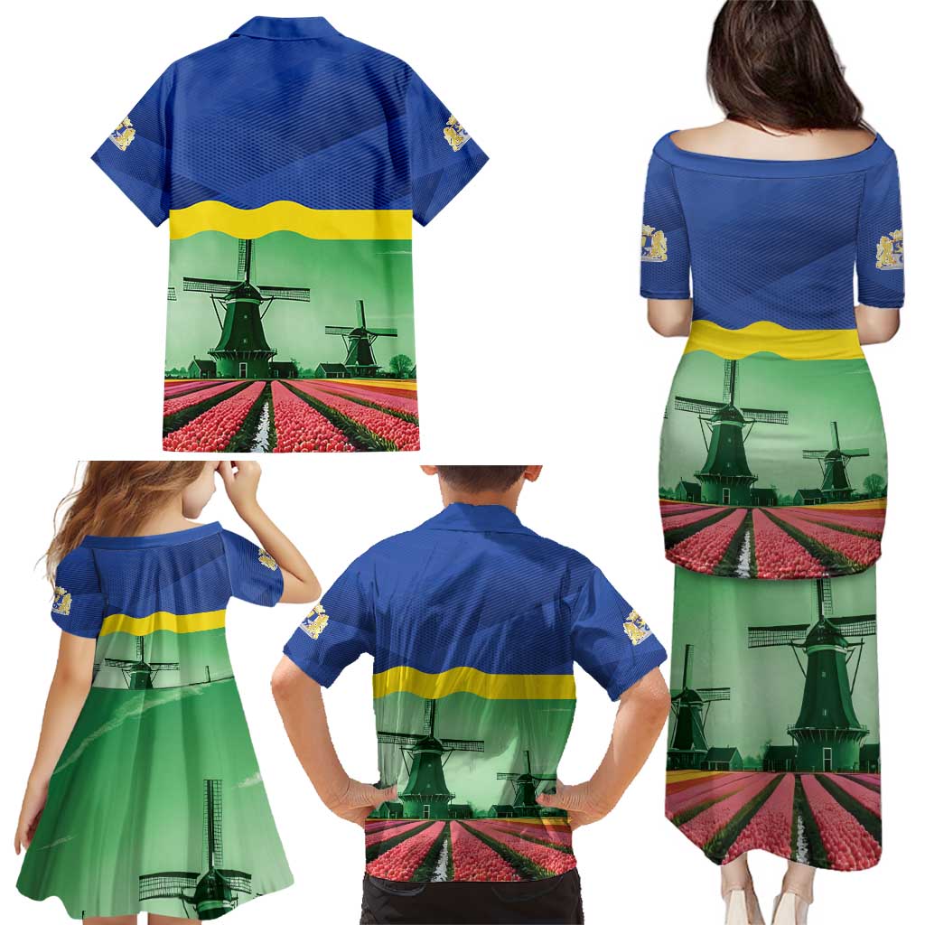 Netherlands Flevoland Province Family Matching Puletasi and Hawaiian Shirt Flag Style