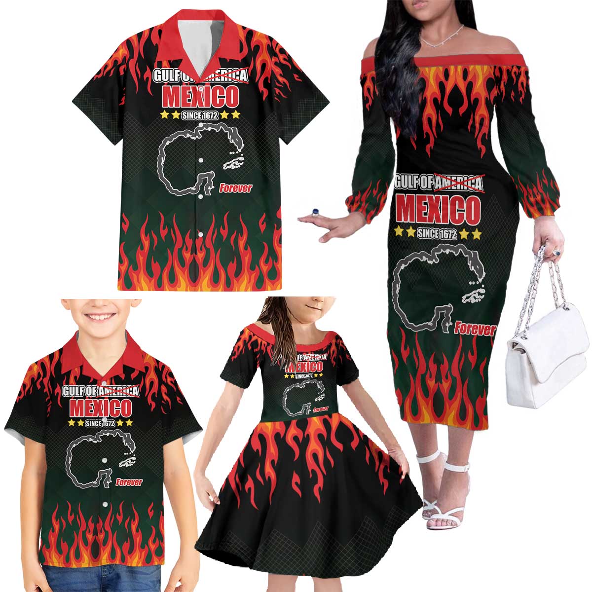 Gulf Of Mexico Since 1672 Family Matching Off The Shoulder Long Sleeve Dress and Hawaiian Shirt Golfo De Mexico and Forever