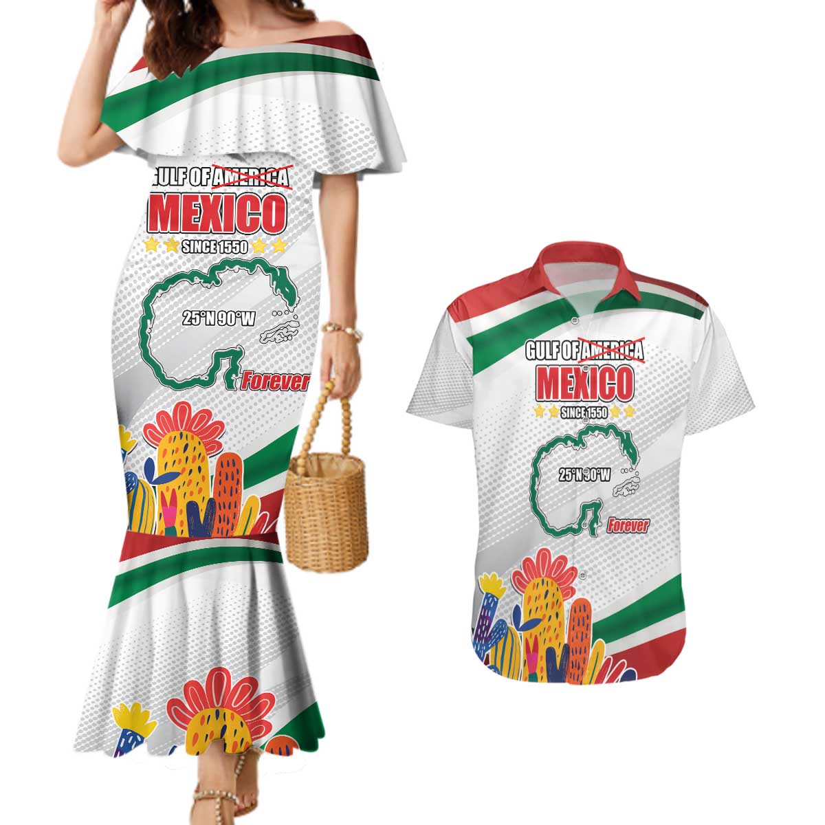 Gulf Of Mexico Since 1550 Couples Matching Mermaid Dress and Hawaiian Shirt Golfo De Mexico Forever