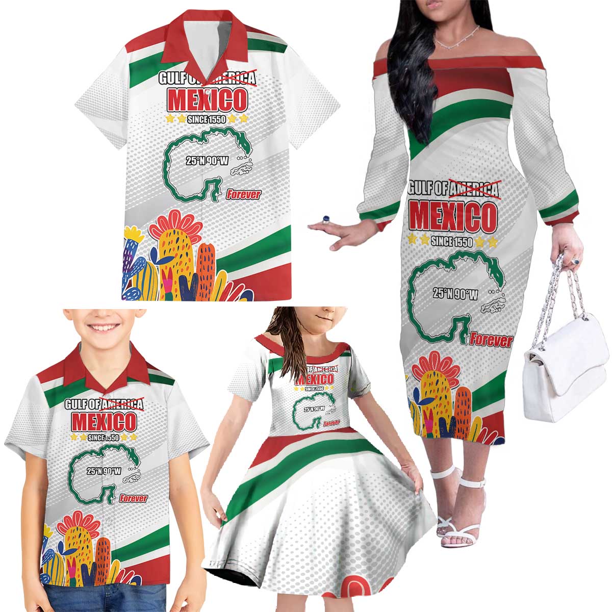 Gulf Of Mexico Since 1550 Family Matching Off The Shoulder Long Sleeve Dress and Hawaiian Shirt Golfo De Mexico Forever