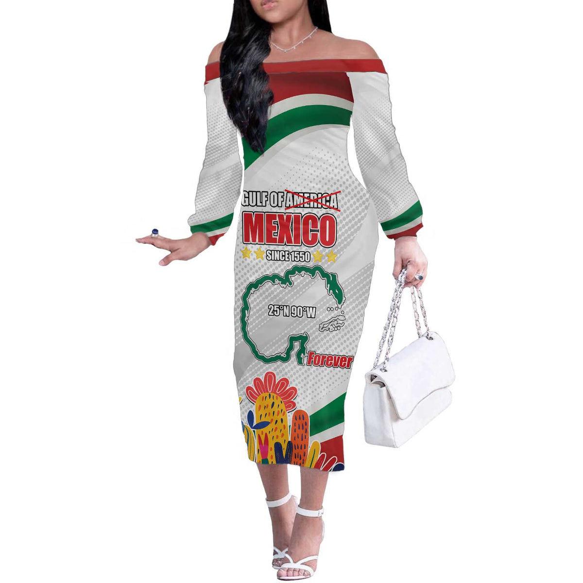 Gulf Of Mexico Since 1550 Off The Shoulder Long Sleeve Dress Golfo De Mexico Forever
