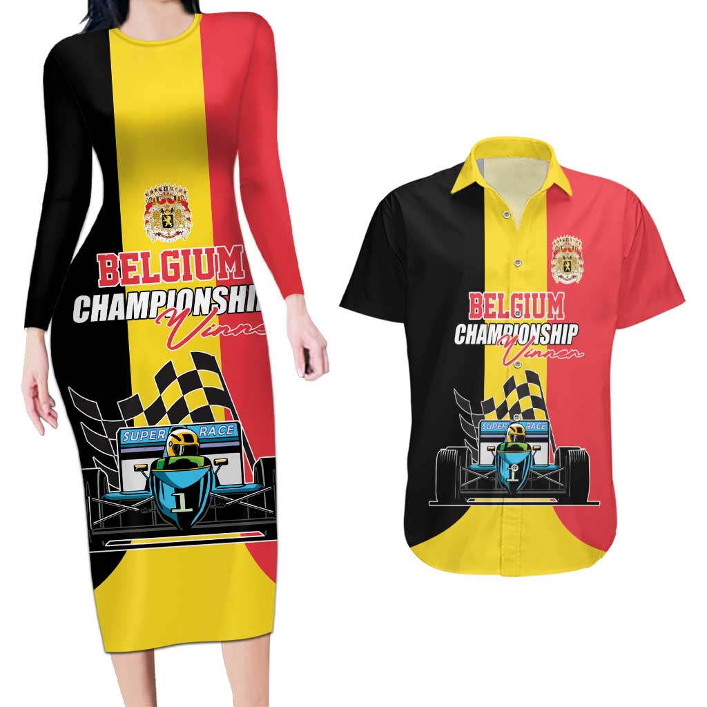 Custom Belgium Formula One Couples Matching Long Sleeve Bodycon Dress and Hawaiian Shirt Motorsport with Flag F1 World Championship
