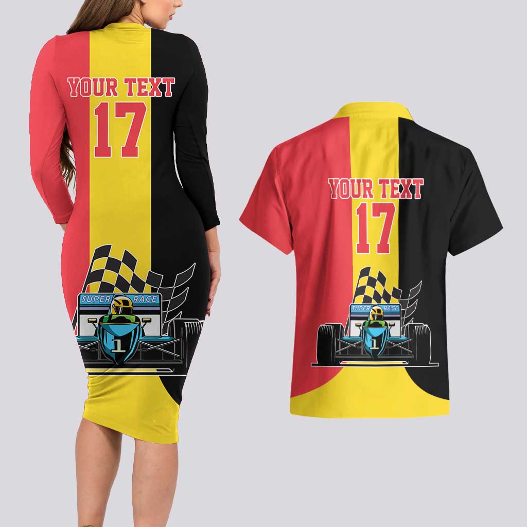 Custom Belgium Formula One Couples Matching Long Sleeve Bodycon Dress and Hawaiian Shirt Motorsport with Flag F1 World Championship