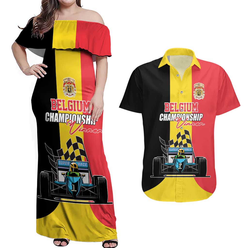 Custom Belgium Formula One Couples Matching Off Shoulder Maxi Dress and Hawaiian Shirt Motorsport with Flag F1 World Championship