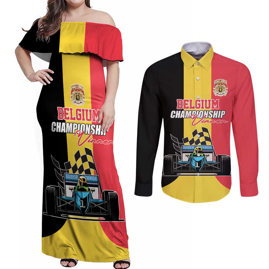 Custom Belgium Formula One Couples Matching Off Shoulder Maxi Dress and Long Sleeve Button Shirt Motorsport with Flag F1 World Championship