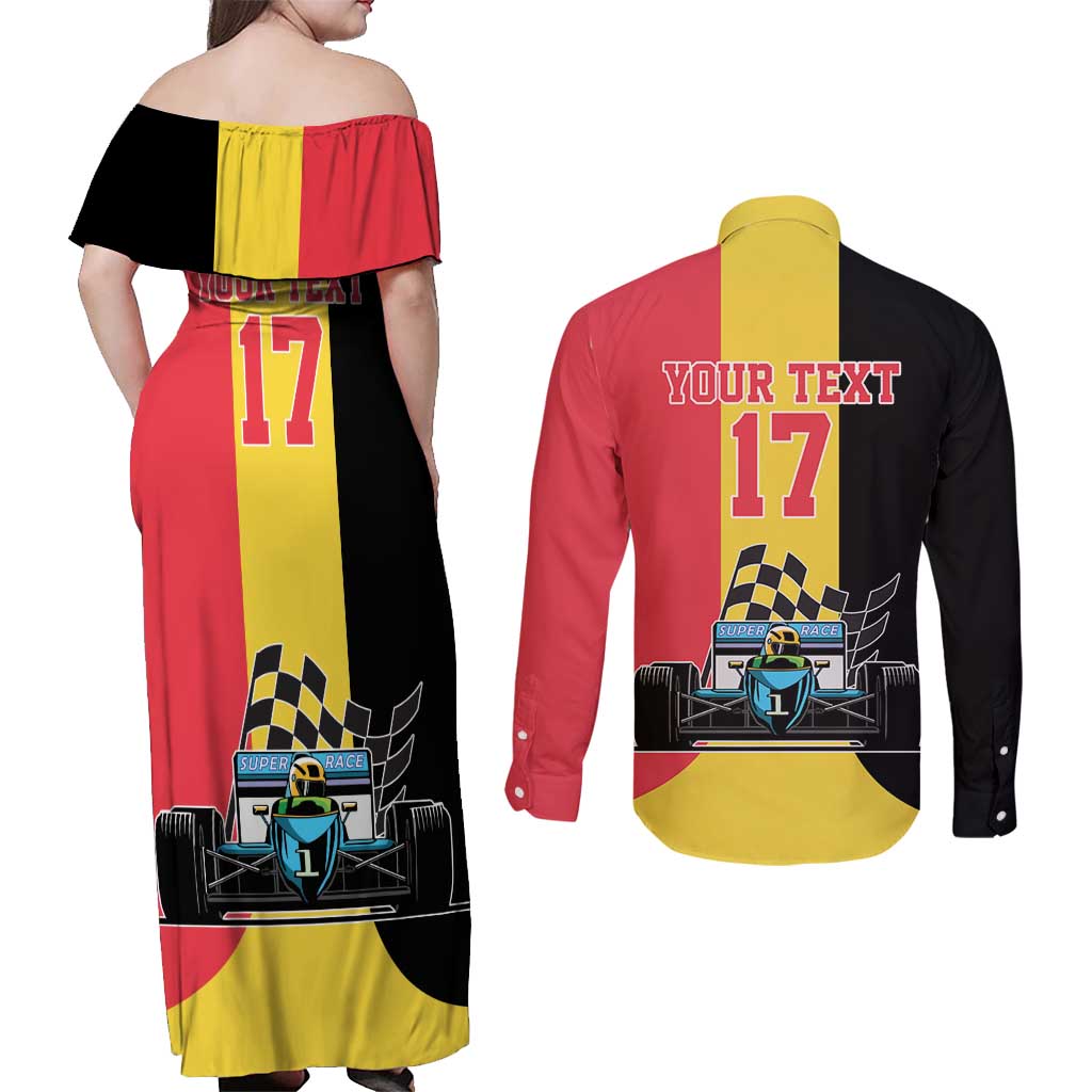 Custom Belgium Formula One Couples Matching Off Shoulder Maxi Dress and Long Sleeve Button Shirt Motorsport with Flag F1 World Championship