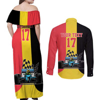 Custom Belgium Formula One Couples Matching Off Shoulder Maxi Dress and Long Sleeve Button Shirt Motorsport with Flag F1 World Championship