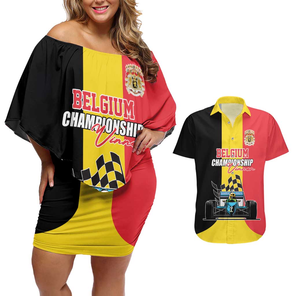 Custom Belgium Formula One Couples Matching Off Shoulder Short Dress and Hawaiian Shirt Motorsport with Flag F1 World Championship