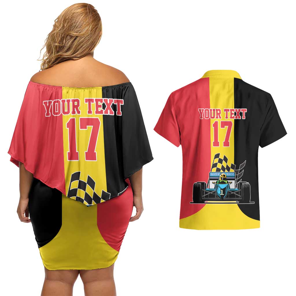 Custom Belgium Formula One Couples Matching Off Shoulder Short Dress and Hawaiian Shirt Motorsport with Flag F1 World Championship