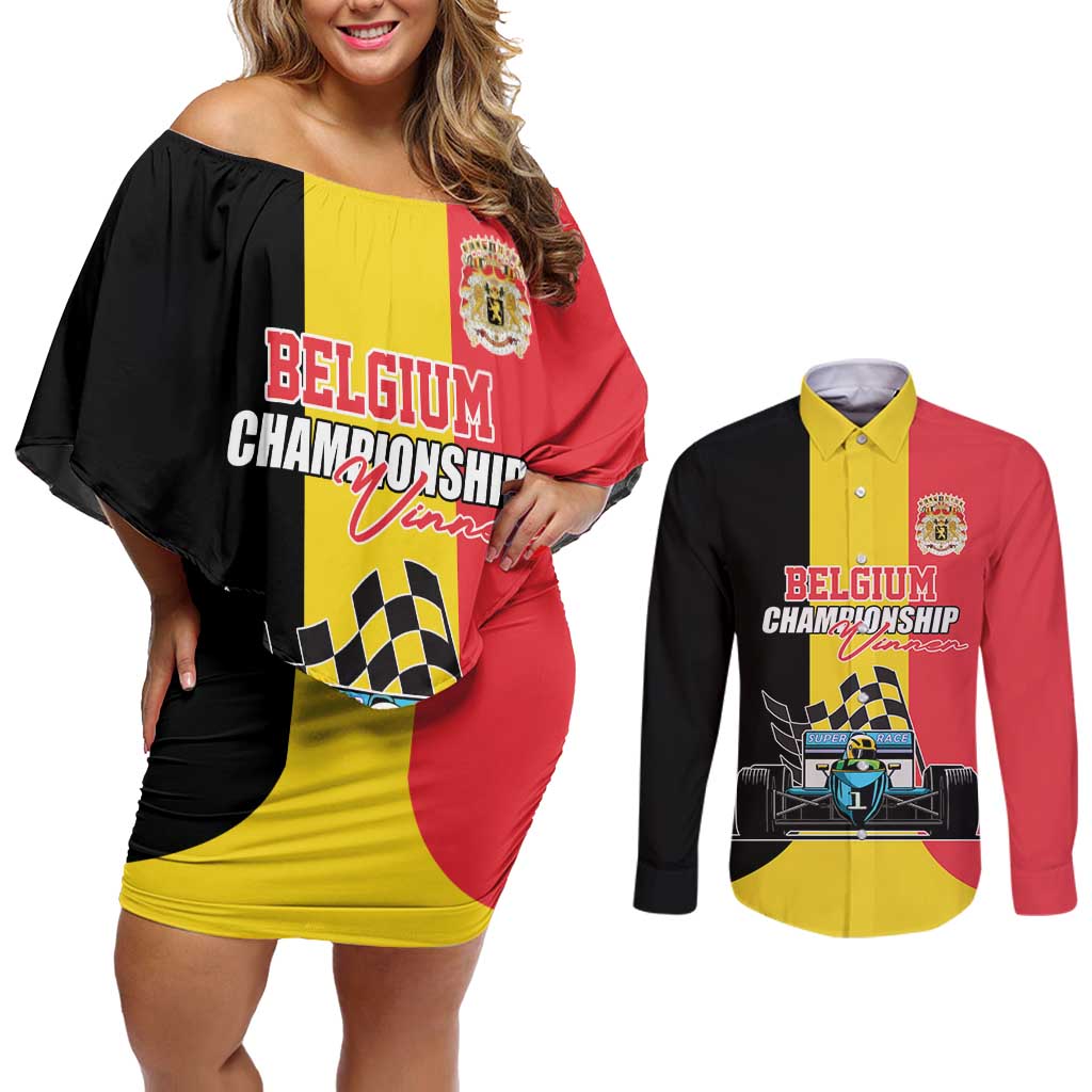 Custom Belgium Formula One Couples Matching Off Shoulder Short Dress and Long Sleeve Button Shirt Motorsport with Flag F1 World Championship