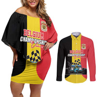 Custom Belgium Formula One Couples Matching Off Shoulder Short Dress and Long Sleeve Button Shirt Motorsport with Flag F1 World Championship
