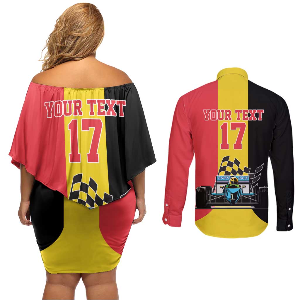 Custom Belgium Formula One Couples Matching Off Shoulder Short Dress and Long Sleeve Button Shirt Motorsport with Flag F1 World Championship