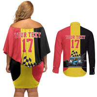 Custom Belgium Formula One Couples Matching Off Shoulder Short Dress and Long Sleeve Button Shirt Motorsport with Flag F1 World Championship