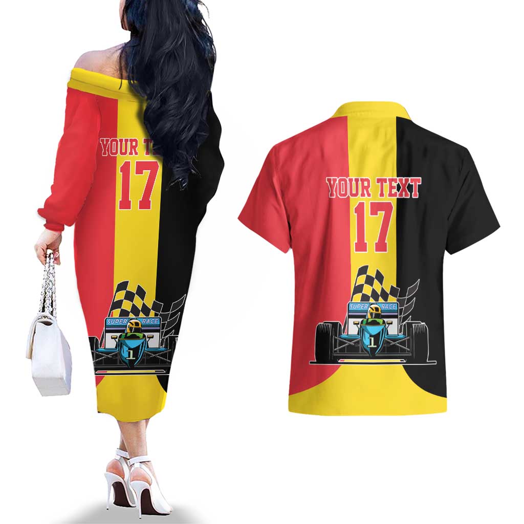 Custom Belgium Formula One Couples Matching Off The Shoulder Long Sleeve Dress and Hawaiian Shirt Motorsport with Flag F1 World Championship