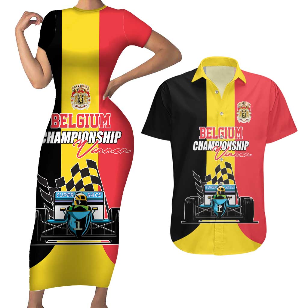 Custom Belgium Formula One Couples Matching Short Sleeve Bodycon Dress and Hawaiian Shirt Motorsport with Flag F1 World Championship