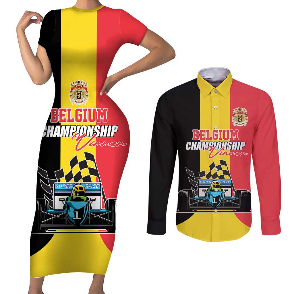 Custom Belgium Formula One Couples Matching Short Sleeve Bodycon Dress and Long Sleeve Button Shirt Motorsport with Flag F1 World Championship