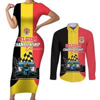 Custom Belgium Formula One Couples Matching Short Sleeve Bodycon Dress and Long Sleeve Button Shirt Motorsport with Flag F1 World Championship