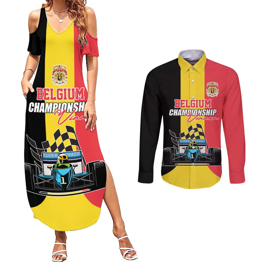 Custom Belgium Formula One Couples Matching Summer Maxi Dress and Long Sleeve Button Shirt Motorsport with Flag F1 World Championship