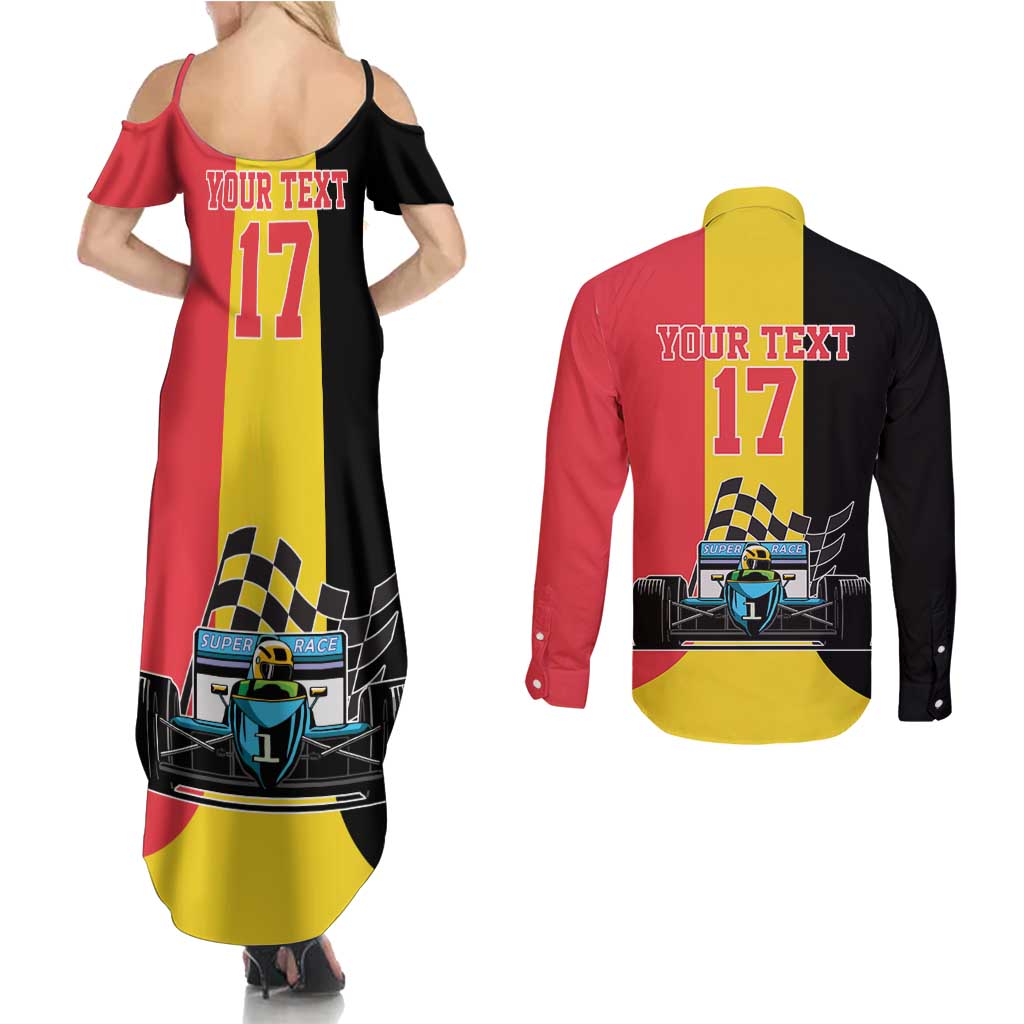 Custom Belgium Formula One Couples Matching Summer Maxi Dress and Long Sleeve Button Shirt Motorsport with Flag F1 World Championship