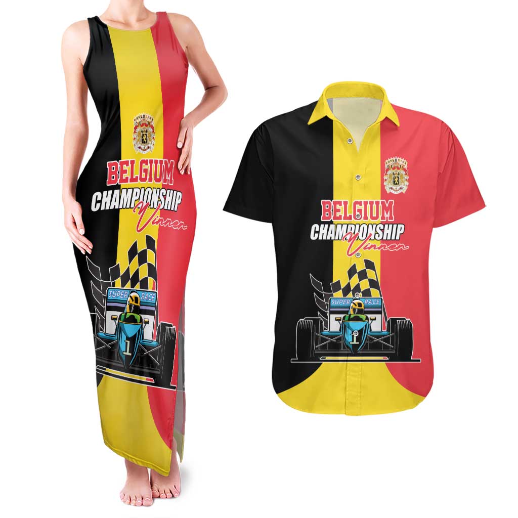 Custom Belgium Formula One Couples Matching Tank Maxi Dress and Hawaiian Shirt Motorsport with Flag F1 World Championship