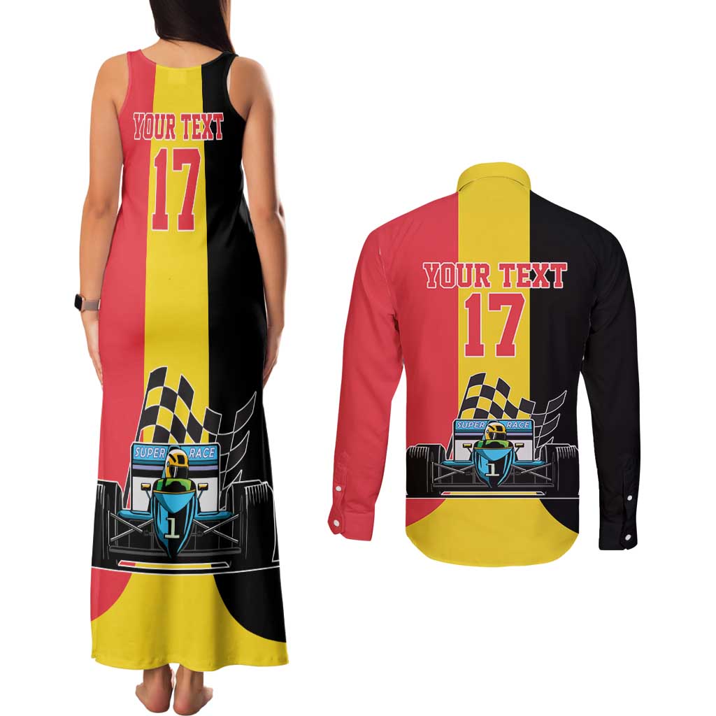Custom Belgium Formula One Couples Matching Tank Maxi Dress and Long Sleeve Button Shirt Motorsport with Flag F1 World Championship