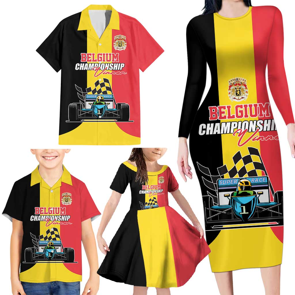 Custom Belgium Formula One Family Matching Long Sleeve Bodycon Dress and Hawaiian Shirt Motorsport with Flag F1 World Championship