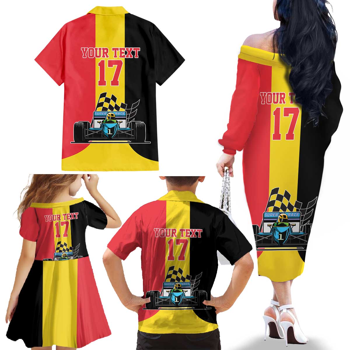 Custom Belgium Formula One Family Matching Off The Shoulder Long Sleeve Dress and Hawaiian Shirt Motorsport with Flag F1 World Championship