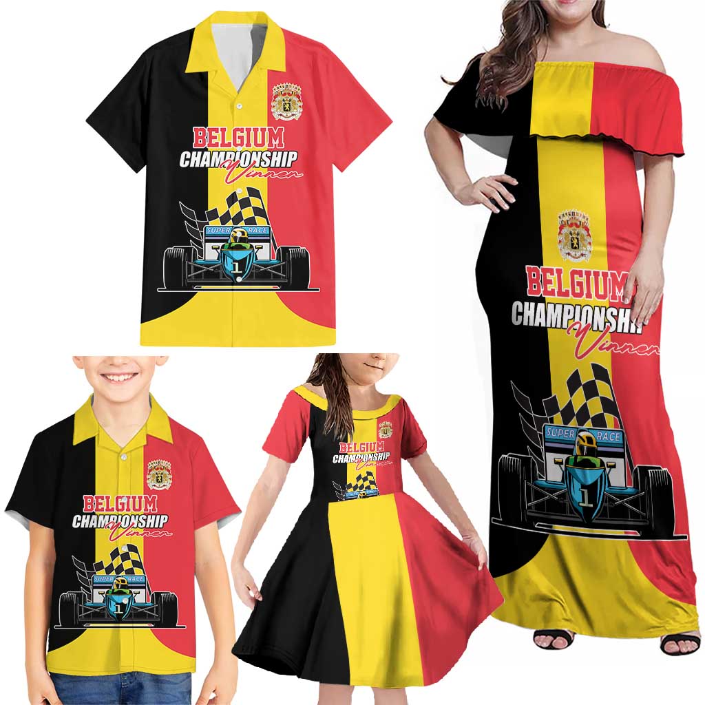 Custom Belgium Formula One Family Matching Off Shoulder Maxi Dress and Hawaiian Shirt Motorsport with Flag F1 World Championship