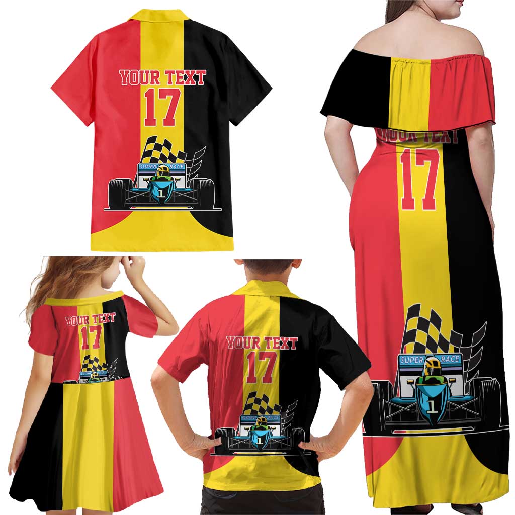 Custom Belgium Formula One Family Matching Off Shoulder Maxi Dress and Hawaiian Shirt Motorsport with Flag F1 World Championship