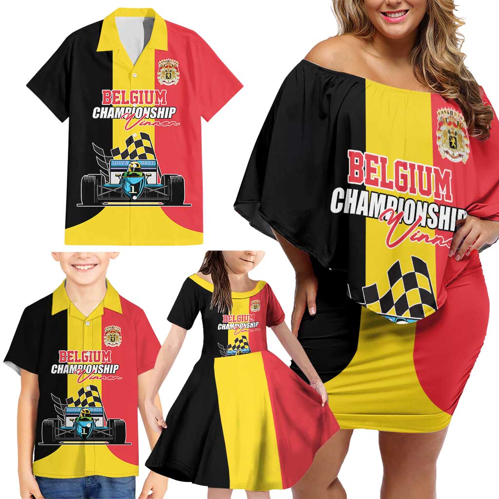 Custom Belgium Formula One Family Matching Off Shoulder Short Dress and Hawaiian Shirt Motorsport with Flag F1 World Championship