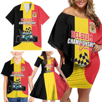 Custom Belgium Formula One Family Matching Off Shoulder Short Dress and Hawaiian Shirt Motorsport with Flag F1 World Championship