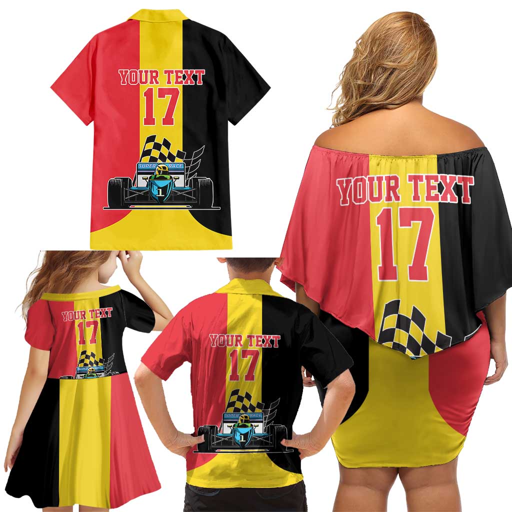 Custom Belgium Formula One Family Matching Off Shoulder Short Dress and Hawaiian Shirt Motorsport with Flag F1 World Championship