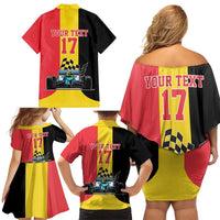 Custom Belgium Formula One Family Matching Off Shoulder Short Dress and Hawaiian Shirt Motorsport with Flag F1 World Championship