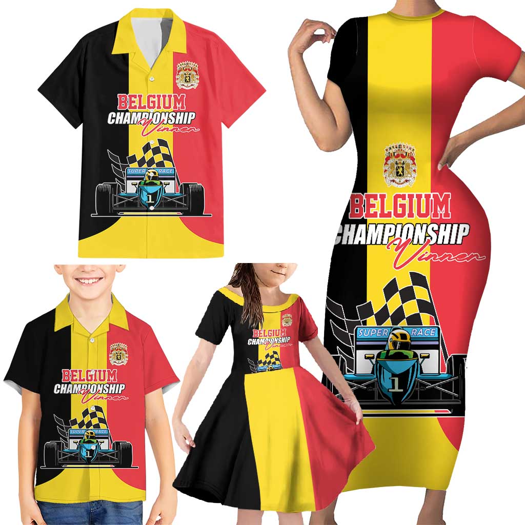 Custom Belgium Formula One Family Matching Short Sleeve Bodycon Dress and Hawaiian Shirt Motorsport with Flag F1 World Championship