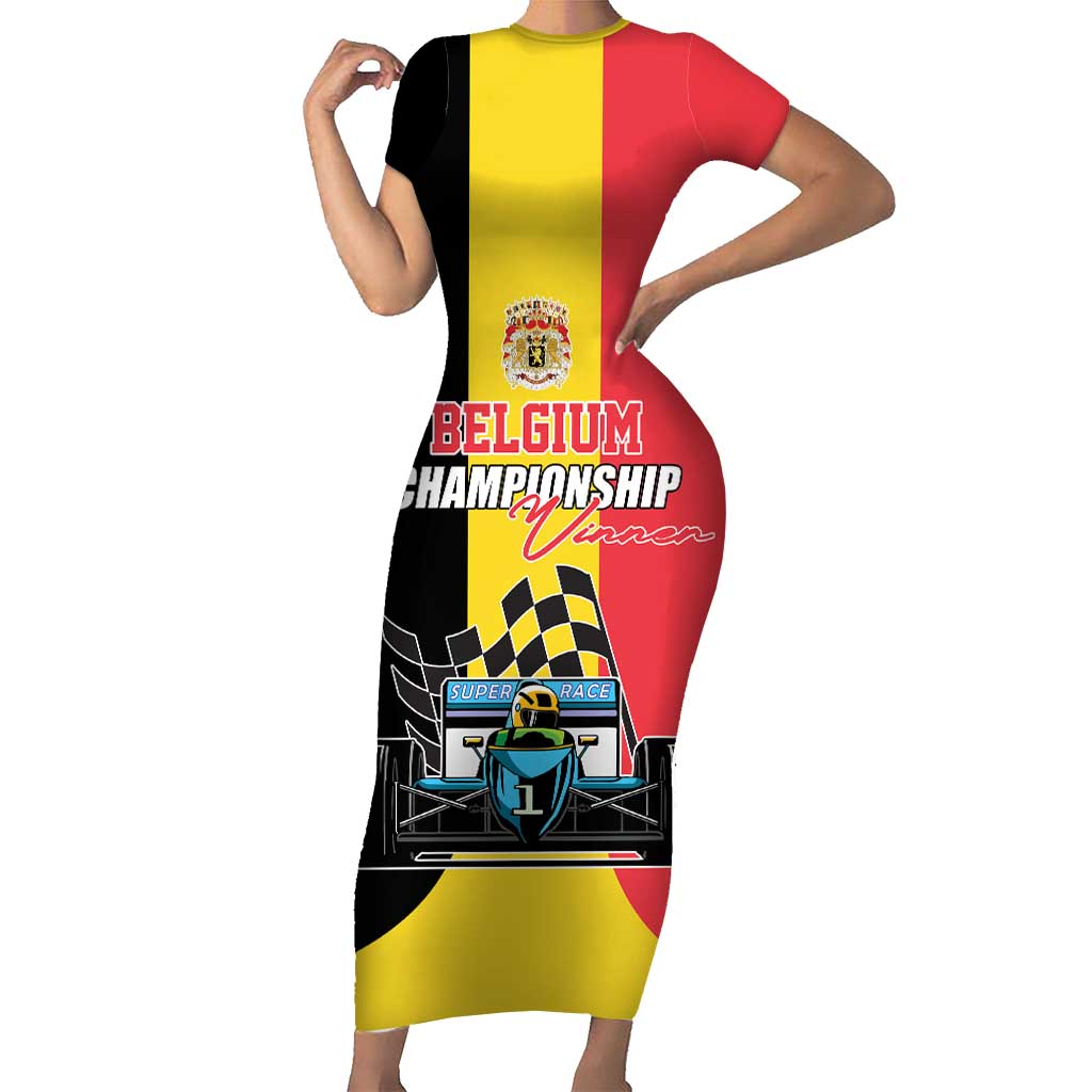 Custom Belgium Formula One Family Matching Short Sleeve Bodycon Dress and Hawaiian Shirt Motorsport with Flag F1 World Championship