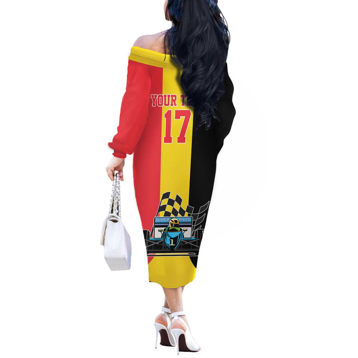 Custom Belgium Formula One Off The Shoulder Long Sleeve Dress Motorsport with Flag F1 World Championship